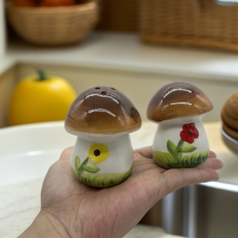 Mushroom Salt and Pepper Shakers, 2-Piece Ceramic Spice Jars, Cute Kitchen Decor, Novelty Gift for Christmas, Housewarming