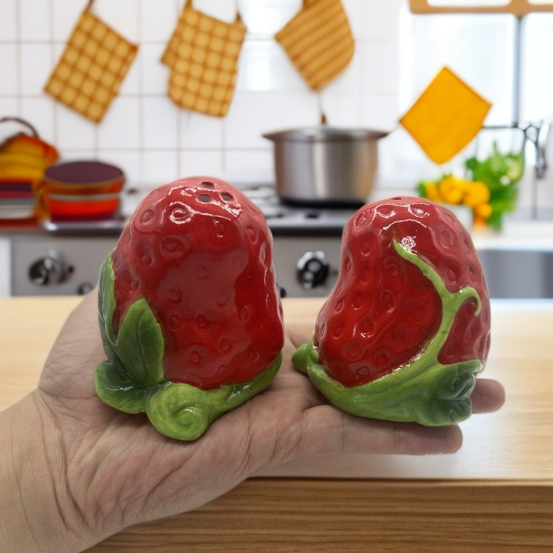 Strawberry Salt and Pepper Shakers, 2-Piece Ceramic Spice Jars, Cute Kitchen Decor, Novelty Gift for Christmas, Housewarming