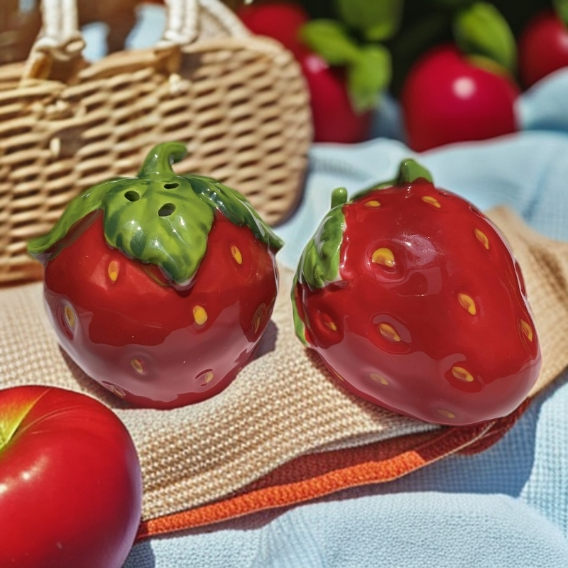 Strawberry Salt and Pepper Shakers, 2-Piece Ceramic Spice Jars, Cute Kitchen Decor, Novelty Gift for Christmas, Housewarming